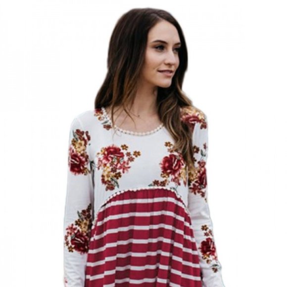 Tops - Sizes L/XL NWOT Wine Floral Striped Babydoll Tunic